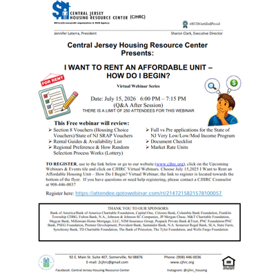 Central Jersey Housing Resource Center Webinar: I want to Rent an Affordable Unit- How do I Begin?