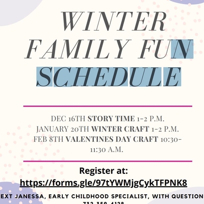 Winter Family Fun Schedule for parents and child activities 0-5 years old