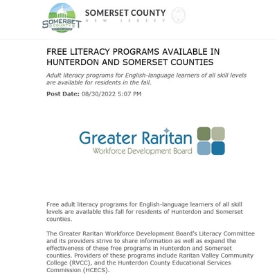 Free Adult Literacy Programs Available in Hunterdon & Somerset Counties